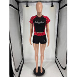 Fashion printed leopard print patchwork short sleeved sports shorts two-piece set