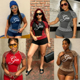 Fashion printed leopard print patchwork short sleeved sports shorts two-piece set
