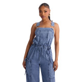 Fashionable casual sexy shoulder strap denim jumpsuit wide leg pants