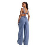 Fashionable casual sexy shoulder strap denim jumpsuit wide leg pants