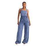 Fashionable casual sexy shoulder strap denim jumpsuit wide leg pants