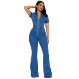 Slim fit elastic wash denim jumpsuit jumpsuit wide leg pants