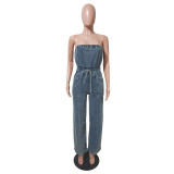 Strapless one shoulder slim fit straight leg wide leg denim jumpsuit