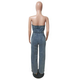 Strapless one shoulder slim fit straight leg wide leg denim jumpsuit