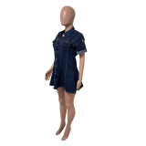 New denim style casual waist cinched lapel denim dress
