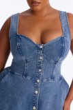 Stir fried snowflake suspender sleeveless backless multi button large swing denim long dress