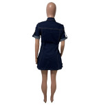 New denim style casual waist cinched lapel denim dress