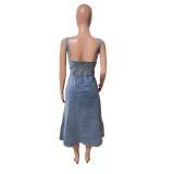 Stir fried snowflake suspender sleeveless backless multi button large swing denim long dress