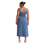 Stir fried snowflake suspender sleeveless backless multi button large swing denim long dress
