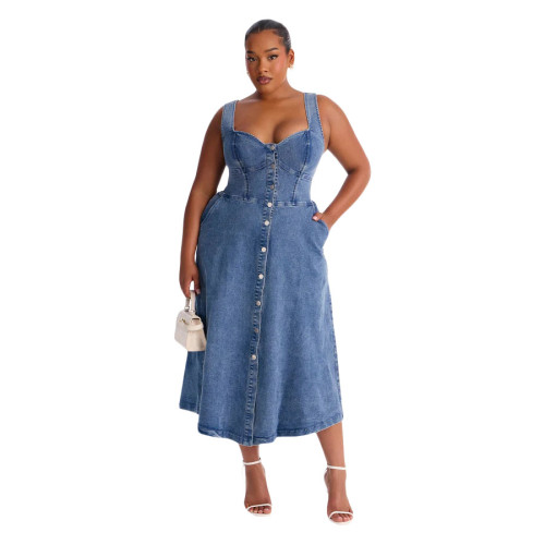Stir fried snowflake suspender sleeveless backless multi button large swing denim long dress
