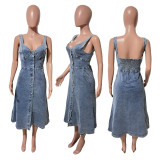 Stir fried snowflake suspender sleeveless backless multi button large swing denim long dress