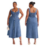 Stir fried snowflake suspender sleeveless backless multi button large swing denim long dress