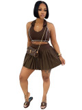 Collar vest lined with safety pants and pleated short skirt two-piece set for women