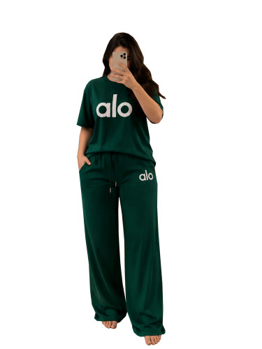  ALO loose trendy solid color daily casual commuting temperament comfortable wearing short sleeved set
