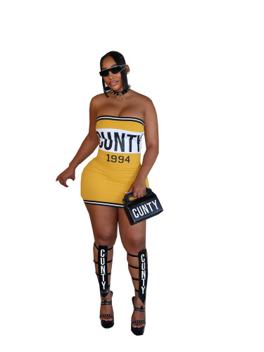 Ins style sexy slim fit slimming letter printed chest wrapped fashionable short dress