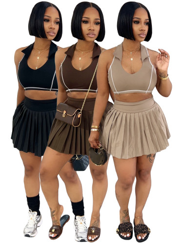 Collar vest lined with safety pants and pleated short skirt two-piece set for women