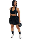 Collar vest lined with safety pants and pleated short skirt two-piece set for women