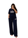  ALO loose trendy solid color daily casual commuting temperament comfortable wearing short sleeved set