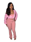 Sports hooded drawstring waist jacket, chest wrapped top, casual high waisted pants, fashionable three piece set