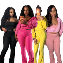 Sports hooded drawstring waist jacket, chest wrapped top, casual high waisted pants, fashionable three piece set