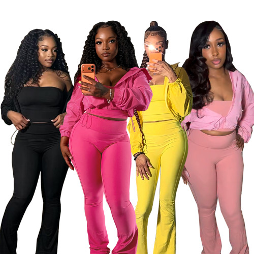 Sports hooded drawstring waist jacket, chest wrapped top, casual high waisted pants, fashionable three piece set