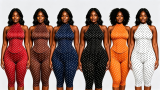 Hanging neck polka dot fishbone waist zipper seven piece jumpsuit (fake two pieces)