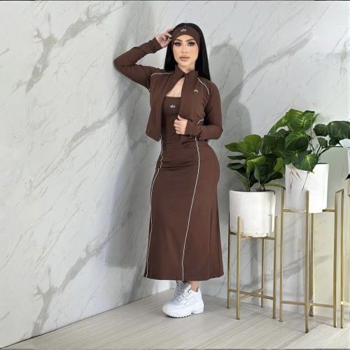Line-paneled Two Piece Set  Short Zip-up Jacket Fitted Slip Dress