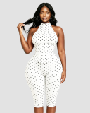 Hanging neck polka dot fishbone waist zipper seven piece jumpsuit (fake two pieces)