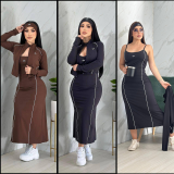 Line-paneled Two Piece Set  Short Zip-up Jacket Fitted Slip Dress