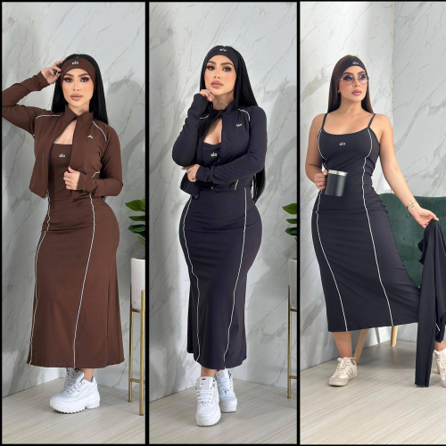 Line-paneled Two Piece Set  Short Zip-up Jacket Fitted Slip Dress