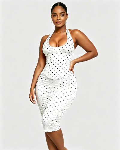 Hanging neck polka dot fishbone waist zipper dress (fake two pieces)