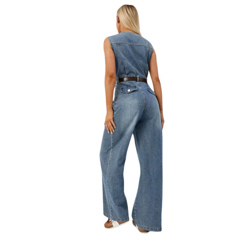 Slim fit elastic wash denim jumpsuit jumpsuit wide leg pants
