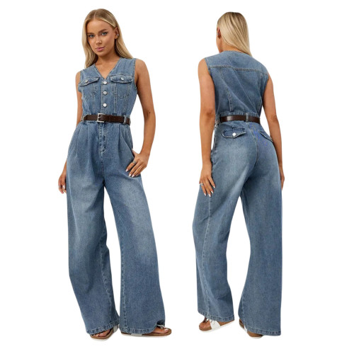 Slim fit elastic wash denim jumpsuit jumpsuit wide leg pants