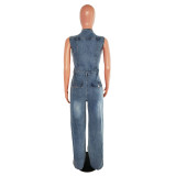 Slim fit elastic wash denim jumpsuit jumpsuit wide leg pants