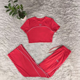 Fashion crop exposed short sleeved top, high waist wide leg pants, casual sports loose suit