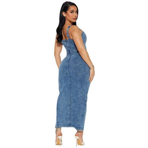 Tight waist slim fit elastic sexy suspender sleeveless backless and waist exposed denim dress