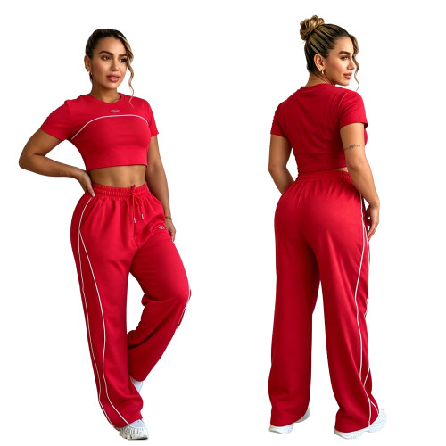 Fashion crop exposed short sleeved top, high waist wide leg pants, casual sports loose suit