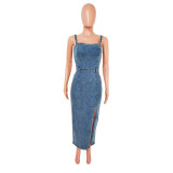 Tight waist slim fit elastic sexy suspender sleeveless backless and waist exposed denim dress