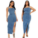 Tight waist slim fit elastic sexy suspender sleeveless backless and waist exposed denim dress