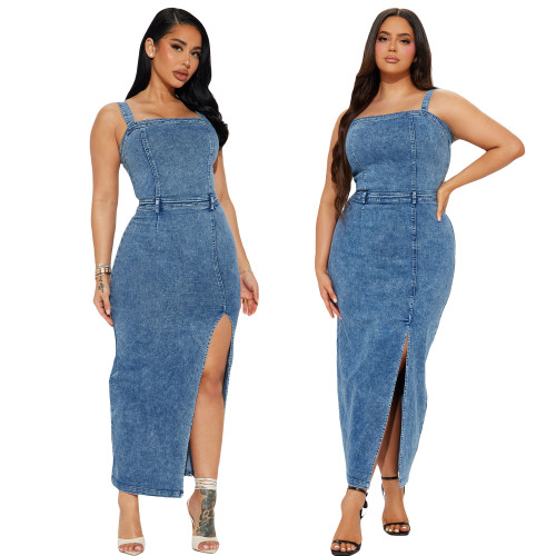 Tight waist slim fit elastic sexy suspender sleeveless backless and waist exposed denim dress