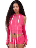 Hooded Zipper Top Pocket Shorts 3-Piece Casual Sports Set