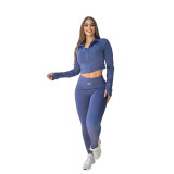 ALO casual long sleeved jacket embroidered with European and American slimming yoga exercise three piece set