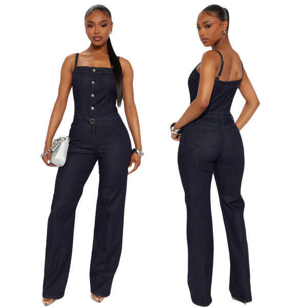 Fashionable casual sexy shoulder strap denim jumpsuit wide leg pants