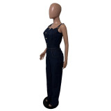 Fashionable casual sexy shoulder strap denim jumpsuit wide leg pants