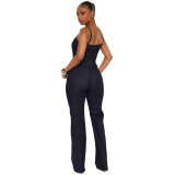 Fashionable casual sexy shoulder strap denim jumpsuit wide leg pants