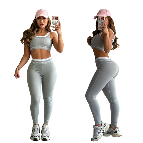 ALODouble layer spliced camisole, high waisted, hip lifting, abdominal tightening yoga suit, quick drying, tight fitting fitness suit