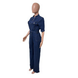 Slim fit elastic loose washable short sleeved denim jumpsuit