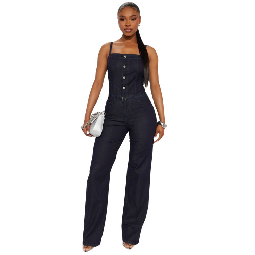 Fashionable casual sexy shoulder strap denim jumpsuit wide leg pants