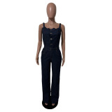 Fashionable casual sexy shoulder strap denim jumpsuit wide leg pants