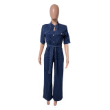 Slim fit elastic loose washable short sleeved denim jumpsuit